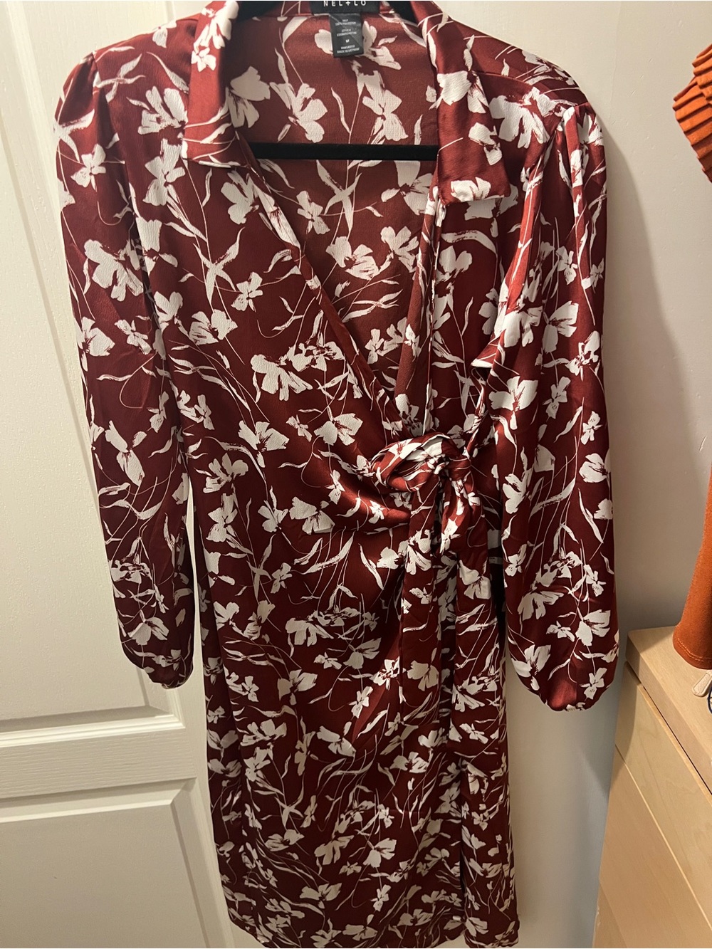 Women's Burgundy Floral Wrap-Style Long Sleeve Dress